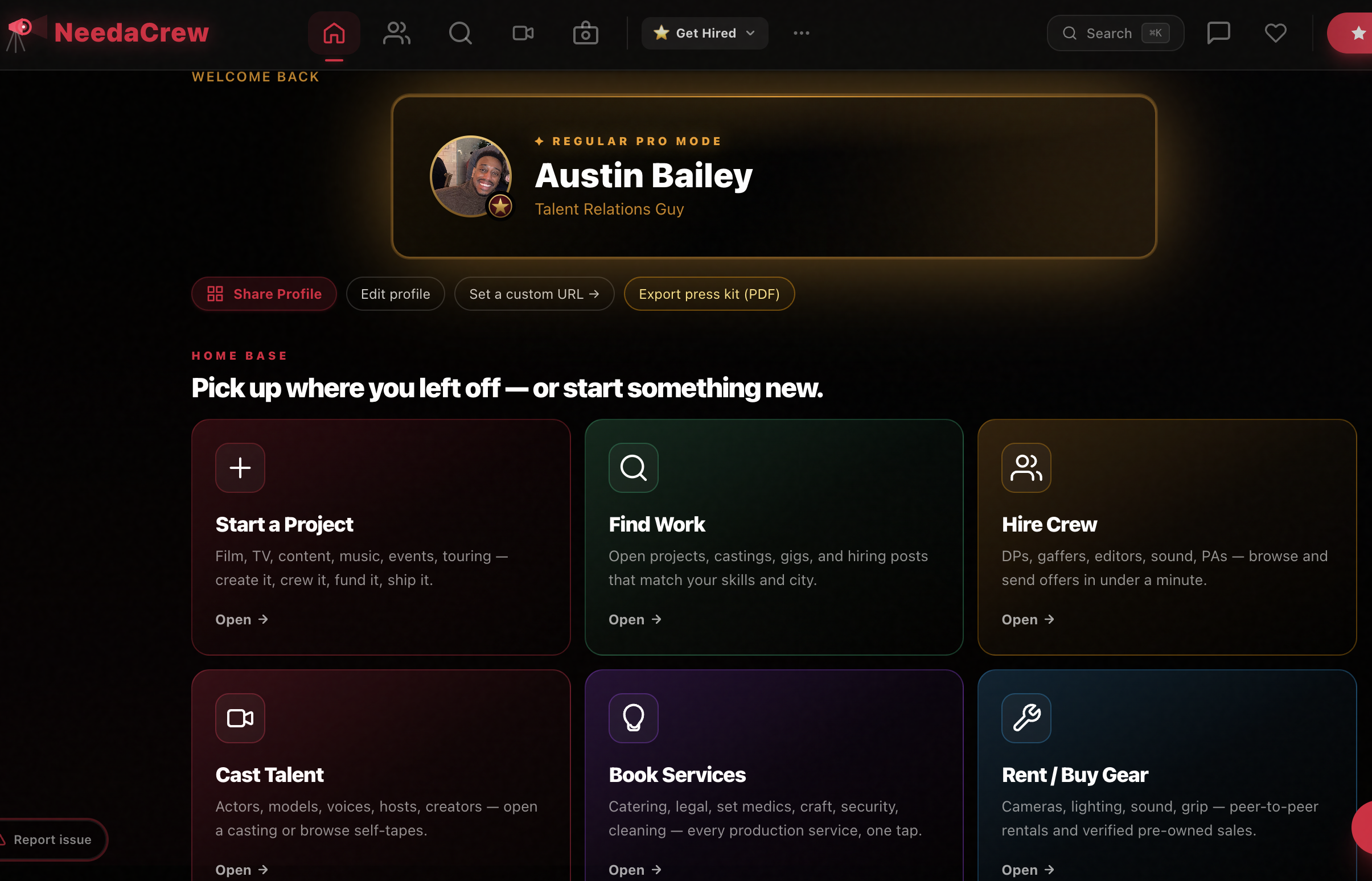NeedaCrew dashboard with quick start tiles for projects, find work, hire crew, cast talent, book services, and rent or buy gear