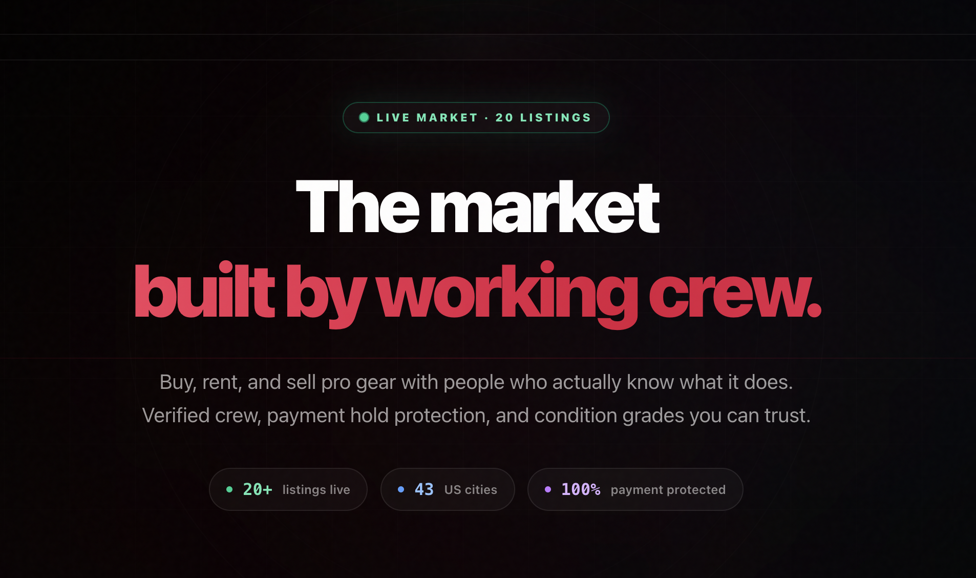 NeedaCrew Market hero — 20+ live listings, 43 cities, 100% payment protected