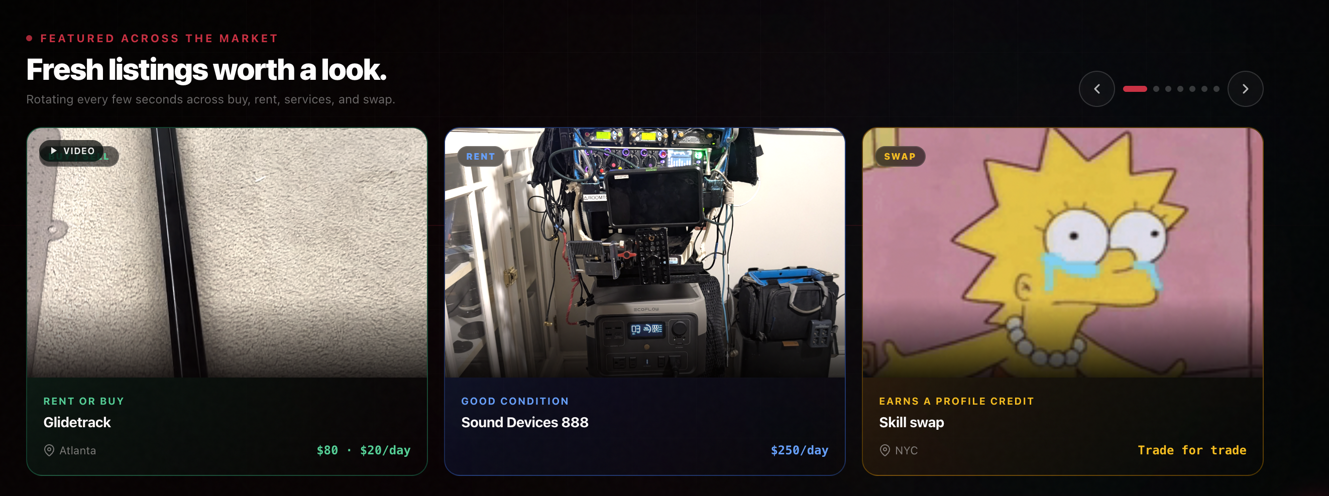 NeedaCrew Market featured listings with gear and skill swap tiles